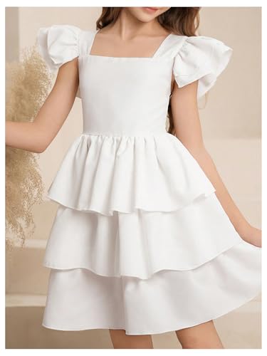 OYOANGLE Girl's Cap Sleeve Layered Ruffle A Line Dress Cute Square Neck Shirred Short Dresses3