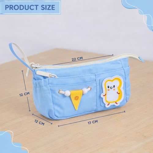 Image of Canvas School Bag Pencil Case, 3 Layer 6 Compartment Large Capacity, Aesthetic Pencil Pouch for Stationary, Cute Stationery for Kids, Pencil Case for Girls & Boys (Sky Blue)