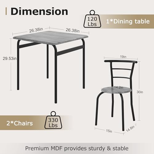 Image of VECELO 3-Piece Dining Table Set for Kitchen Breakfast Nook, Wood Grain Square Tabletop and Metal Frame, for Small Spaces, Grey