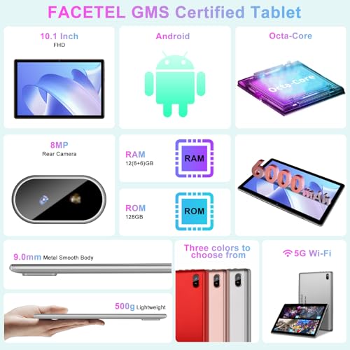 Image of 2026 Lastest Tablet 10 inch Android PC Octa-Core 2.0 GHz with 12GB RAM 128GB ROM TF 2TB, FHD IPS Touchscreen, BT 5.0,5G WiFi, GMS, 1280*800, 5 MP + 8 MP, 2 in 1 Tablet with Keyboard and Mouse - Silver