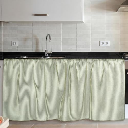 VitalCozy Cabinet Curtain 28 W x 51 L Sage Green Sink Skirt for Bathroom Kitchen Spring Green Strips Short Curtain for Home Classroom Drape Under Desk Privacy Drape for Laundry Room