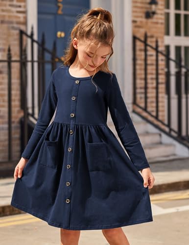 Arshiner Girl's Dresses Button Down Midi Long Sleeve Casual Sundress A-line Dress with Pockets2
