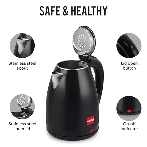 Image of CELLO Pluto Quick Boil Stainless Steel Electric Kettle 1.5L + Sippa Steel Water Bottle 1000ml Combo | Double Wall Cool Touch Outer Body, Auto-Shut Off Protection |Electric Kettle For Boiling Hot Water