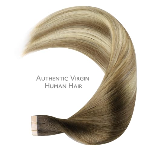 Image of WENNALIFE Tape in Hair Extensions Human Hair Ombre Walnut Brown to Ash Brown and Bleach Blonde Tape in Extensions, 10pcs 20g 10 inch Remy Invisible Tape Ins Straight Real Human Hair Tape in Extensions