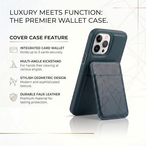 Image of amazon basics Premium Vegan Leather Back Cover with Card Holder and Integrated Mobile Stand for iPhone 16 Pro Max - Slim Shockproof Wallet Case with Geometric Stitching [Blue]
