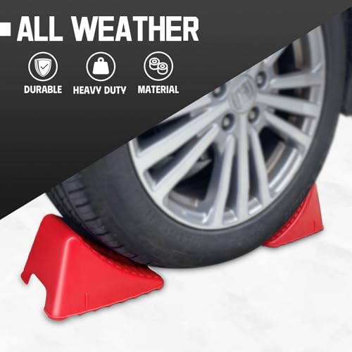 HOXWELL Wheel Chocks for Travel Trailers, 2 Pair Non Slip Red Wheel Wedge Stackable, Lightweight Wheel Stoppers for Cars Campers Trucks RVs, 8.1\"×5.1\"×4.5\", 4 Packs, Red