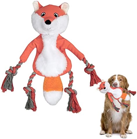 LALFPET Stuffingless Squeaky Dog Toys,Plush Fox Dog Toy with Crinkle Paper, Crinkle Dog Toy with Rope Legs,No Stuffing Dog Chew Toys for Small Medium Dogs,Tug-of-war Dog Toy,Orange (PTO_0X6X2DES)