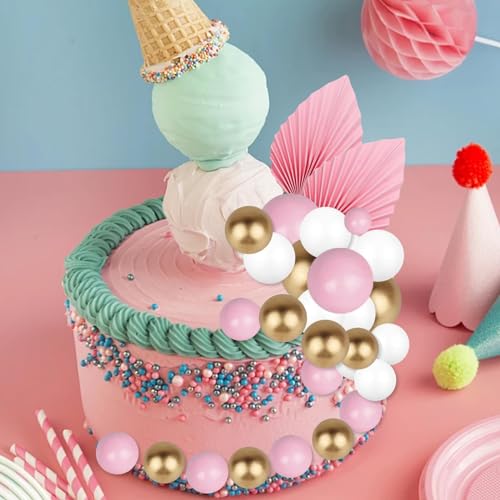 41 Pcs Pink Cake Balls Decoration Ball Cake Toppers Decorations Cake Decorations Flowers Pink and Gold Balls for Cakes Pinks Palm Leaves Cupcake Toppers for Baby Shower Wedding Party Anniversary - Image 3