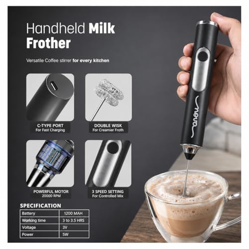 Image of Nova Premium Coffee Frother 1 Year Warranty Electric Handheld Milk Frother for Coffee, Latte & Cappuccino | High Speed Foam Maker with Stainless Steel Whisk | Portable Coffee Beater Bundle Pack