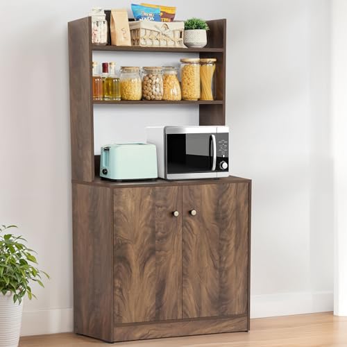 Image of ABOUT SPACE 5 Tier Kitchen Organizer Rack - 5.5 ft Wooden Kitchen Cabinet with 3 Open Shelves & 2 Storage Rack with Door, Easy to Assemble for Home Living Room (Walnut - L 80 x B 40.5 x H 163 cm)