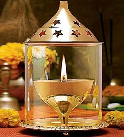 Brass Akhand Jyoti Diya with Glass Cover, Gold Lid, 5 Inch, Perfect for Pooja, Home Decor