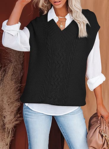Evaless V Neck Sweater Vest For Women Fashion Sleeveless Cable Knit Black Sweaters Winter Solid Color Loose Tank Tops Medium #TOP3