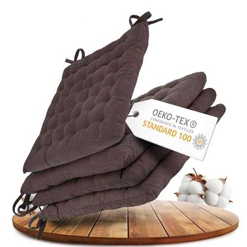 Gräfenstayn® 4er-Set Baumwoll-Sitzkissen 40x40x5cm mit Haltebändern für Indoor und Outdoor mit Öko-Tex Siegel - (Braun)