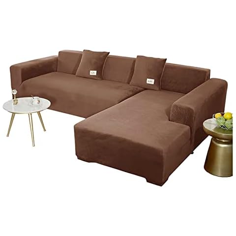 XOOTOO Stretch Sectional Couch Covers, Velvet Sofa Covers L Shape Soft Sofa Slipcover Non Slip Sofa Cover Furniture Protector for Corner Sofa (Deep Coffee,4 Seater+4 Seater) Cover