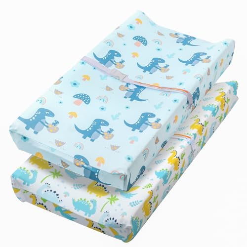 Image of FHMJYH Changing Table Pad Cover Elastic Changing Pad Cover Premium Baby Changing Pad Cover 2 Pack for Boys Girls Unisex Soft Comfortable Safe (More Dinosaurs) Changing Pad Cover