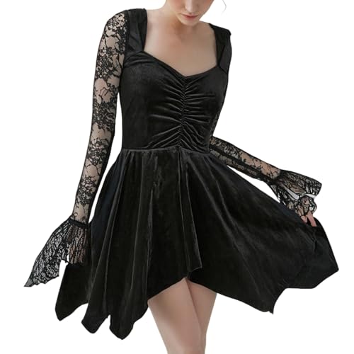 Vestido gótico para mujer con mangas de campana y encaje sutil de estética medieval