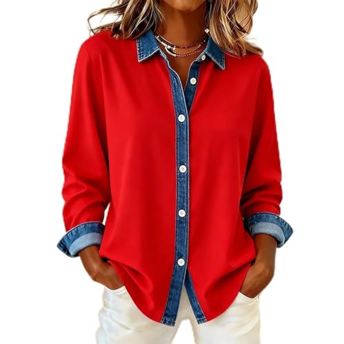 Women Button Denim Patchwork Shirts Casual Long Sleeve V Neck Collared Blouse Dressy Work Business Tops Trendy Outfits