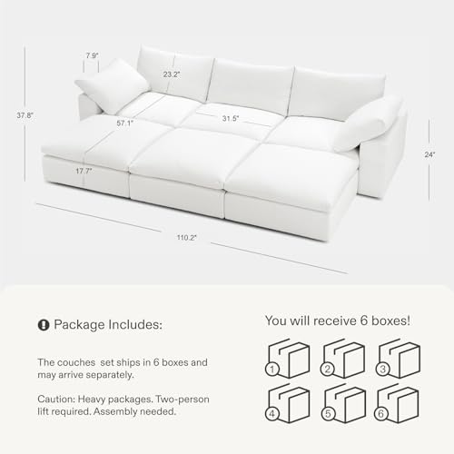 Image of Cloud Couch Sectional 113.8'' Oversized Modular Deep Seat Sofa Bed Comfy White Cloud Couch with Washable Cover for Living Room 3 Seat & 3 Ottoman