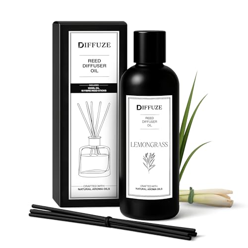 Image of DIFFUZE Lemongrass Essential Oil Reed Diffuser Refill with 10 Fibre Reed Sticks | Aroma Oil /Fragrance Oil for Home | Diffuser Oil for Home Fragrance