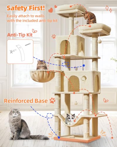 Image of Taoqimiao Large Cat Tree, 73 in Tall Cat Tower with 2 Plush Big Cat Condos