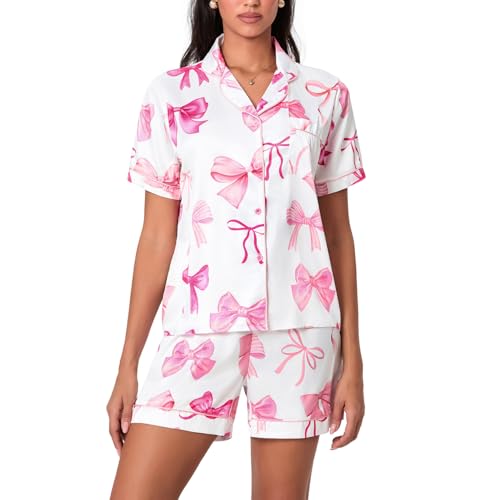 Image of Yiulangde Cowboys Boot Pajamas for Women Y2k 2 Piece Heart Bow Preppy Pjs Coquette Short Sleeve Shirts Matching Pj Shorts Set