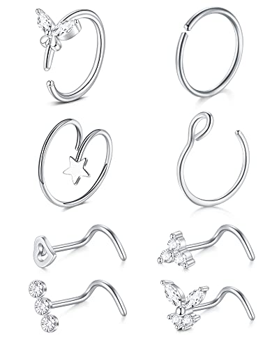 WillTen 20G Piercing Nariz Acero Inoxidable Piercing Plata Nariz Anillo Gemelo Aro Diamante CZ Mariposa Corazón Nariz Espiral Mujer 14Piezas Piercing Joyería Cover