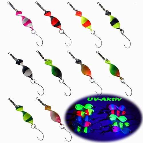 Njord Kalastus Messeneuheit 2023 Spoons Forelle Mega Twist 10 Stück in Spoonbox | Forellen Angeln Spoon Set Forellenköder | Forellen Blinker Angeln Forelle | Forellen Spinner Set Trout Spoon (2,8g UL)