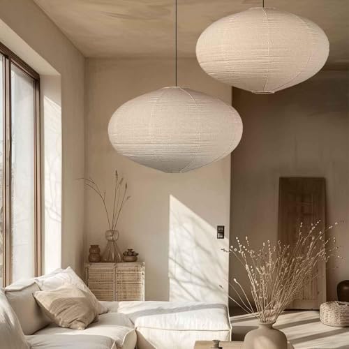 METHEDEECO 2er Set Leinen Hängelampenschirme Oval Ø50 cm, Stoff Lampenschirm für Pendelleuchte, Boho Minimalistischer Deckenlampenschirm in Natur, für Wohnzimmer, Schlafzimmer, Esszimmer, nur Schirme