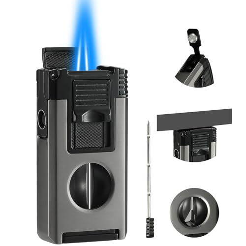 All in One Jet Flame Butane Torch Lighter Built-in Cutter V Cut Punch Holder Function Draw Enhancer Tool Refillable and Adjustable Windproof Gas Lighter Black and Grey (Sold Without Gas)