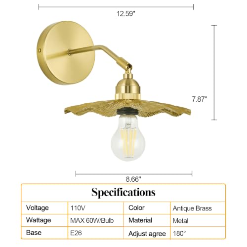 Image of PASSICA DECOR Hardwired Wall Sconces Set of Two 2 Pack 180 Degree Adjustable Vintage Metal lamp with Gold Finished,Shade with Veins Pattern Wall Lighting Fixture for Bedroom Vanity Farmhouse