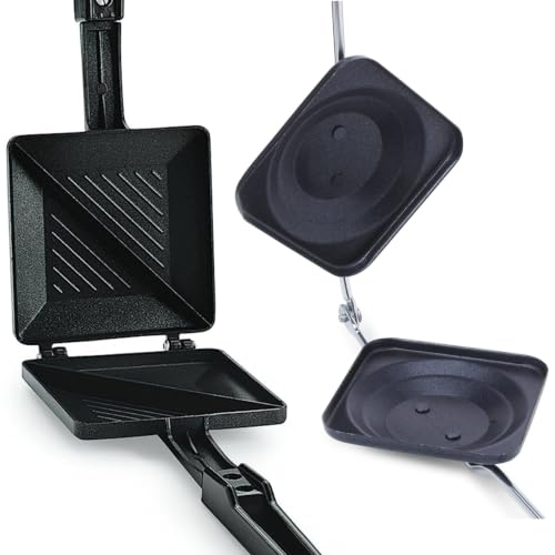 Image of Classic Gas Sandwich Toaster Combo Pack, Non-Stick Aluminum Sandwich Maker (2 Slice Cut) + Long Handle Pop-Up Bread Toaster, Flame-Proof Design, Heat-Resistant Handle, Gas Stove Compatible