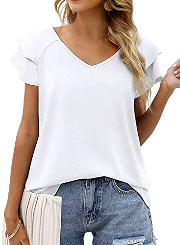 NLAND Manga Corta Informal con Cuello En V Camiseta De Verano para Mujer Top De Manga Corta con Volantes En Color Liso（Blanco，L