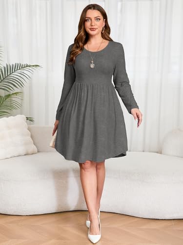 Image of AusLook Women's Plus Size Long Sleeve Midi Dress Casual Empire Waist Loose Flowy Dresses A-Line Boho Long Dress with Pockets