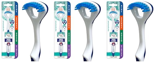 Image of GuruNanda Dual Action Tongue Scraper (3 Pack), 2-in-1 Tongue Scraper & Soft Bristled Brush, Deep Cleans & Fights Bad Breath - Color Varies