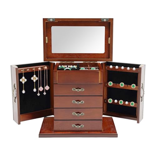 CHIMHOON Caja de joyería de madera vintage, organizador de 5 cajones y espejo, caja de joyería grande, caja de joyas, caja de pendientes, portátil, para anillos, pendientes, collares, pulseras