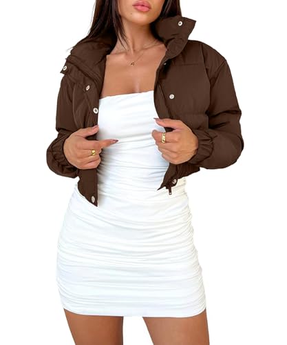 WHN Women’s Cropped Jacket Puffer Lightweight Quilted Jackets Long Sleeve Stand Collar Zipper Winter Outerwear Coat