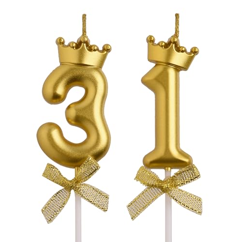 AOOLADA 31st Birthday Candles, Gold 31 Year Old Number Birthday Candles, Happy Birthday Cake Topper Gifts Party Decorations for Men Women