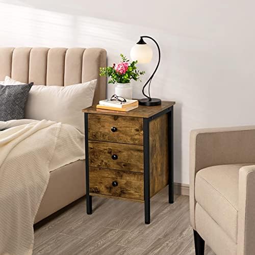 Yaheetech 3-Drawer Bedside Table, Wooden Nightstand Storage Unit, Bedside Cabinet with Metal Frame, Sofa End Side Table for Living Room/Bedroom/Small Space, Rustic Brown, 40×40×61cm