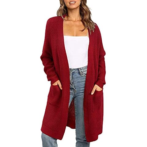 OUGES Women's Long Batwing Sleeve Open Front Chunky Knitted Cardigan Ladies Sweater Coat with Pockets(Red,L) Cover