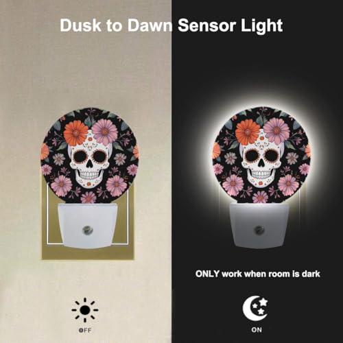 Image of EKOBLA Floral Skull Night Light, Skeleton and Flower Night Lights Plug Into Wall with Auto Sensor for Bedroom and Hallway