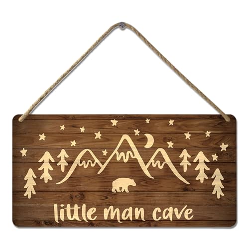 Little Man Cave Sign Woodland Nursery Wall Decor for Baby Boys Rustic Bear Forest Animal Wood Signs, Nursery Room Decor for Boys Bedroom Farmhouse Sign Wooden Wall Art 10x8 Inch
