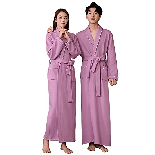 Women Men Kimono Robe, Four Seasons Luxury Pure Cotton Lengthen Bathrobe, with Belt & Pockets V-Neck Hotel Shower Dressing Gowns Gift,Men Purple,XXL