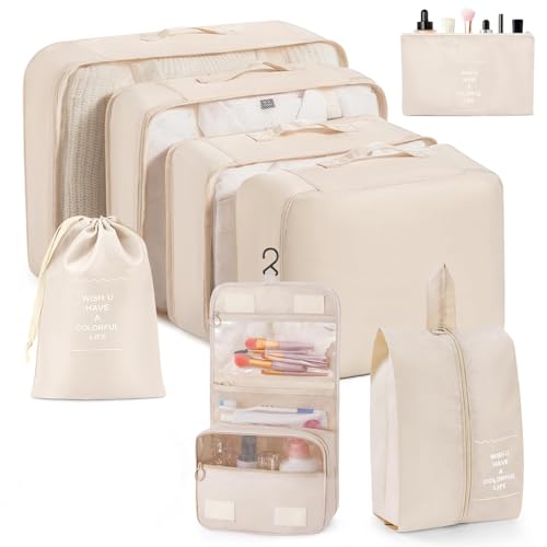 Image of Porslin Travel Packing Organizers 8-Piece Luggage Organiser Set with Travel Cubes for Packing Clothes, Mesh Travel Bag Organiser with Toiletry, Shoe & Laundry Bags, Travel Organizer Pouch for Clothes