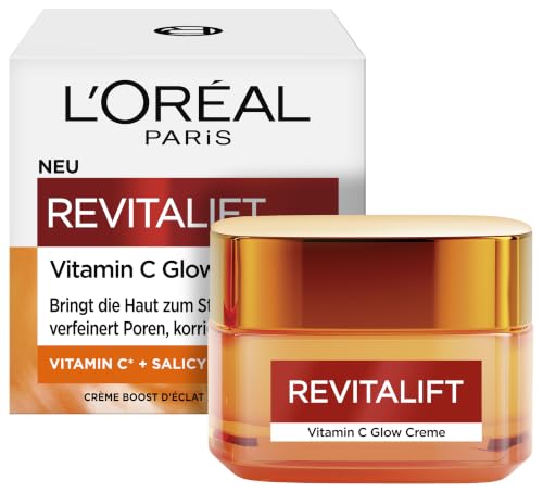 LOréal Paris Glow Creme für Frauen: für strahlende Haut verfeinerte Poren & gemilderte Falten mit Vitamin C & SalicylsäureRevitalift Clinical 1x 50ml