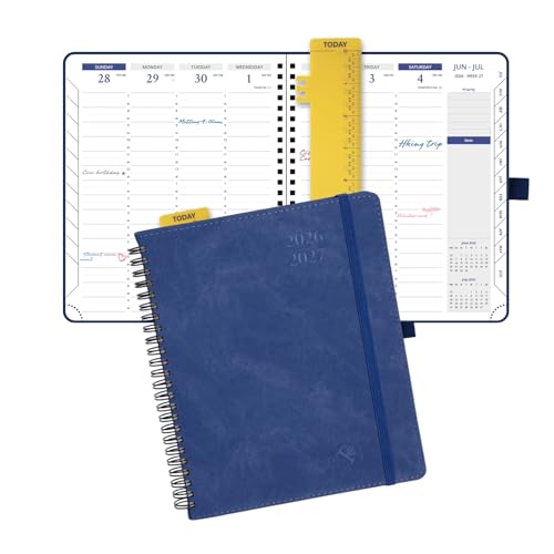 POPRUN 2026-2027 Weekly Planner, 7" x 8.5", July 2026 to June 2027, Academic Calendar with Vertical Layout, Wire Bound, Hourly Time Slots, Leather Softcover, Monthly Tabs - Indigo Blue