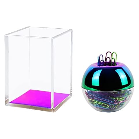 Clear Acrylic Pen Holder Pencil Cup Makeup Brush Holder Desk Organizer Rainbow Paper Clip Dispenser with 100Pcs 28mm Rainbow Paper Clips in a Magnetic Round Dispenser Holder (Rainbow) Cover