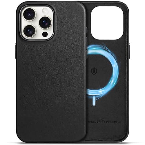 SHIELDON Hülle für iPhone 15 Pro Max Handyhülle Schutzhülle [Echtleder] [Kabellos Laden] [Elegant Aussehen] [Magnetisch] Dünn Lederhülle Case Cover Kompatibel mit iPhone 15 Pro Max 5G 6.7 Schwarz