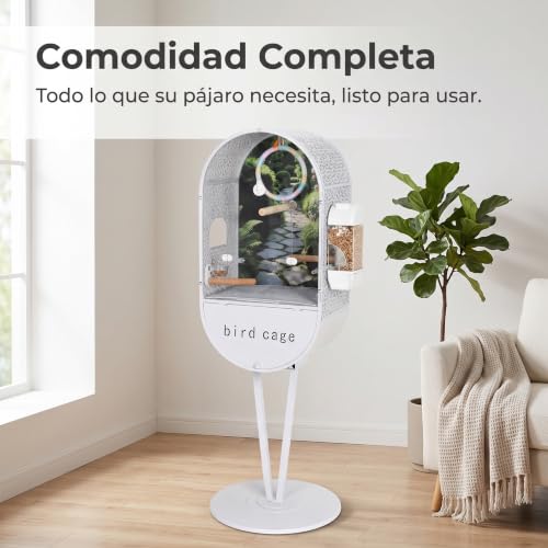 Jaula para pájaros metal pajarera pie para un hogar con bandeja extraíble color gris claro 4