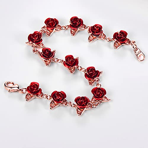 U7 Women Girls Cute Rose Gold Plated Link Red Rose Flower Charm Bracelets, Nature Garden Rose Jewelry Wedding/Party/Bridesmaid Mother's Day Gift #TOP2