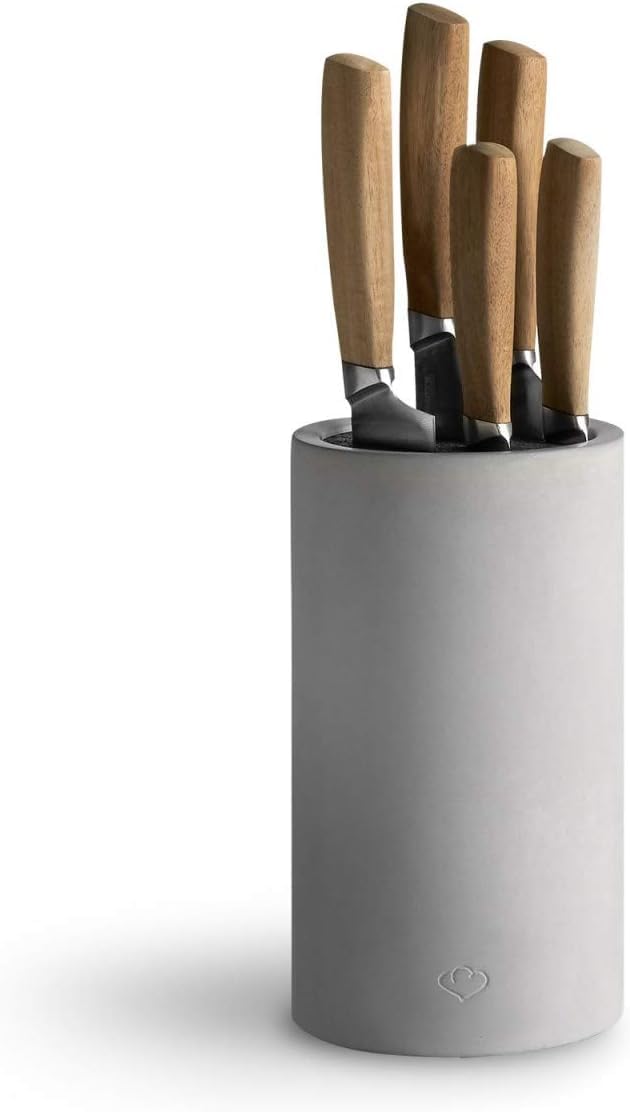 SPRINGLANE Ceppo portacoltelli universale in cemento inserto in setole rimovibile, portacoltelli (Grigio, Portacoltelli + Set coltelli 5 pezzi)